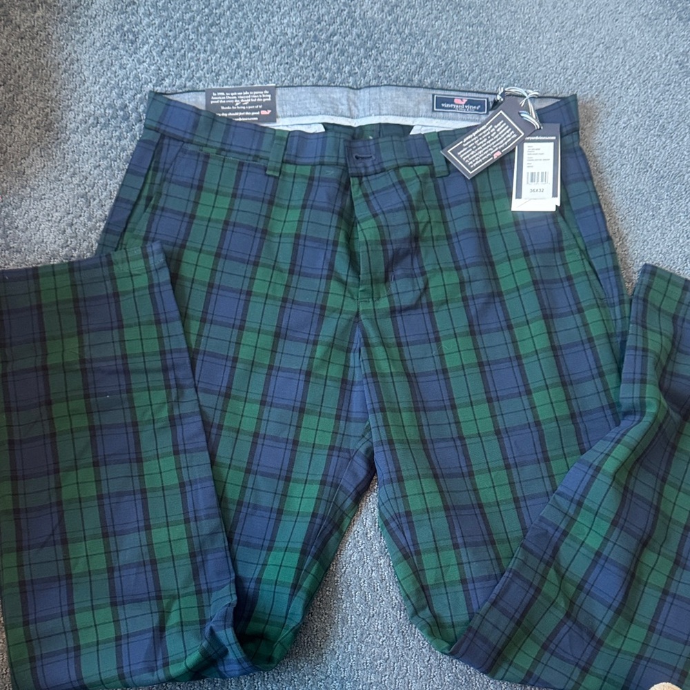 Vineyard Vines Men's Green and Blue Plaid Chinos